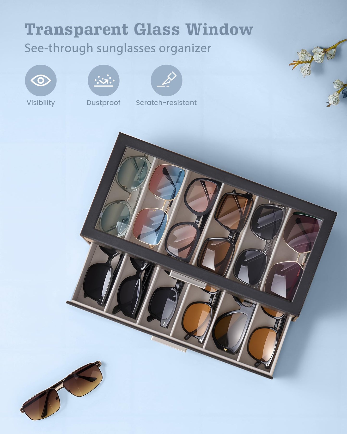 Lolalet 12 Slots Sunglasses Organizer, 2-Layer Sunglass Box with Transparent Glass Lid Display Case Storage Holder for Eyewear Eyeglass Multiple Pairs Glasses, Mothers Day Gifts-Black