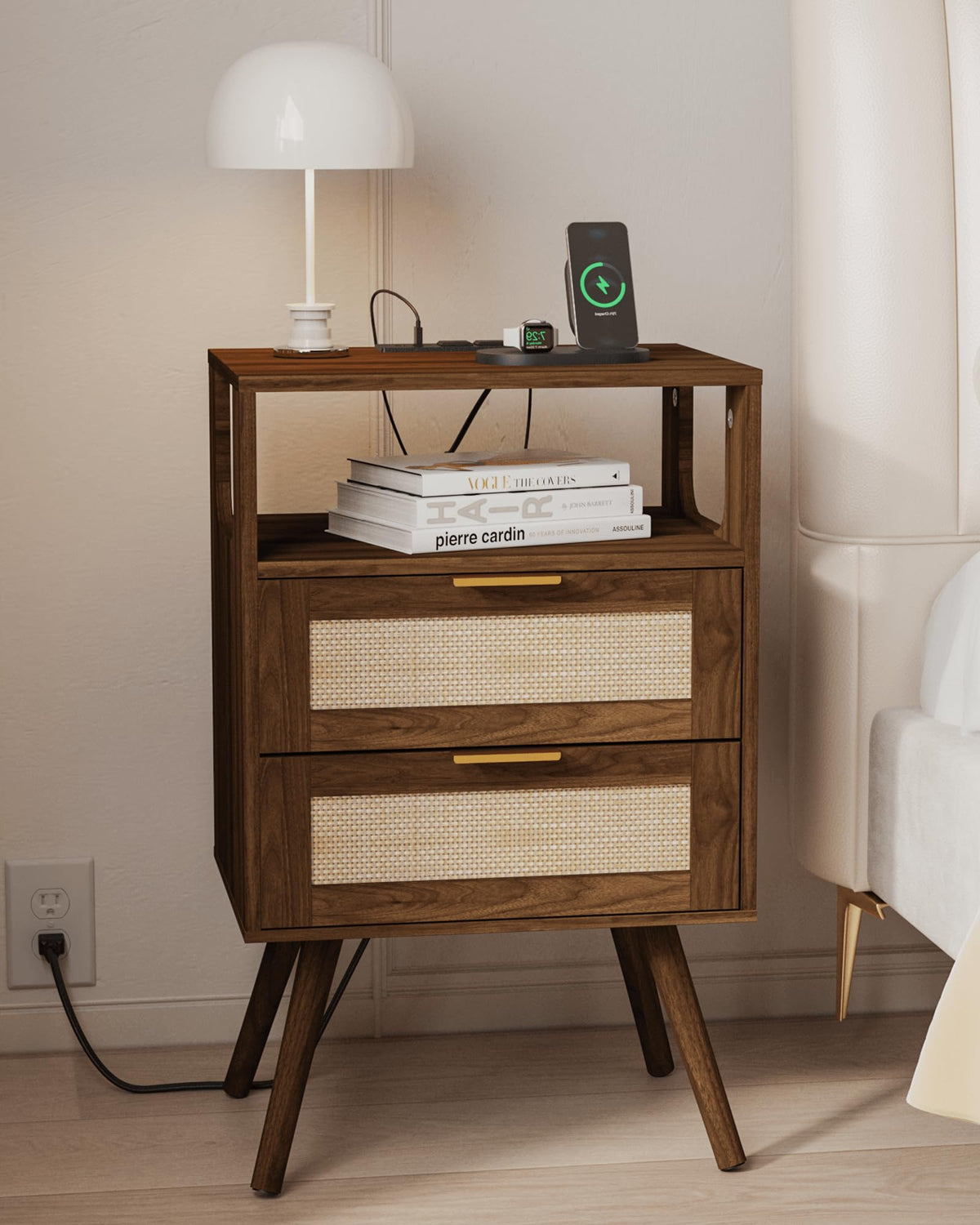 JOONEE Rattan Nightstand with Charging Station,Farmhouse Bedside Table with 2 Storage Drawer and Open Wood Shelf, for Bedroom and Small Spaces,Night Stand with Solid Wood Legs (Walnut Brown-Outlet)