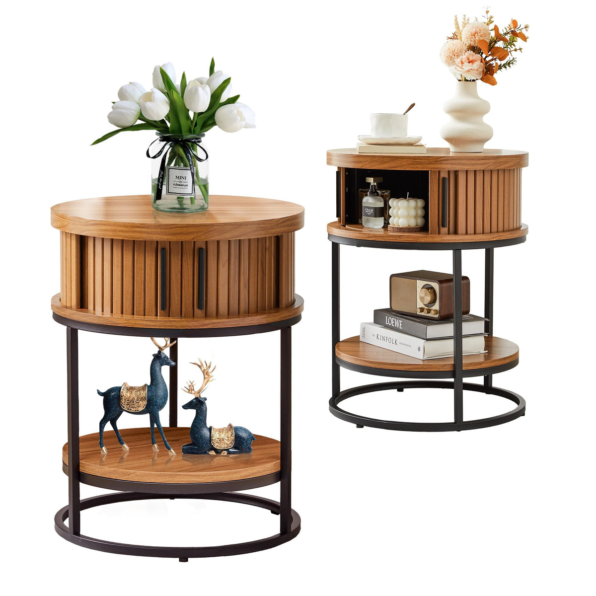 Turtle&Myrtle Small Round Side Table with Storage, 2-Tier Wooden End Table with Sliding Door and Shelf, Mid-Century Circle Nightstand for Living Room, Bedroom, Walnut, 2PC