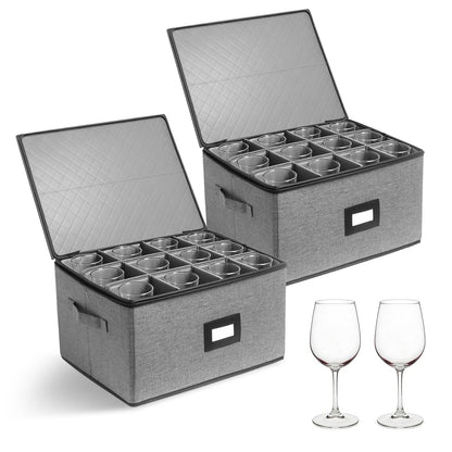 Wine Glass Storage Moving Box with Dividers 2 Pack, Holds 24 Glasses Containers Hard Shell, Glassware Stemware Holder, Packing Boxes with Lid Handle, Essentials for Glass Moving Organizing Gift