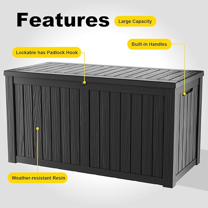 DRATO 180 Gallon Outdoor Storage Box, Large Waterproof Deck Box, Lockable Resin Storage Container with Reinforced Support for Patio Cushions, Garden Tools, UV-Resistant Outdoor Chest（Black，180 Gallon）