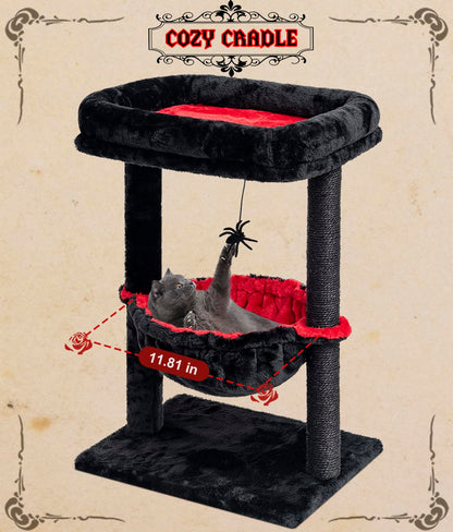 SYANDLVY Gothic Cat Tree with Coffin Bed for Indoor Cats, Activity Cat Tower with Scratching Post for Kittens, Cat Condo Furniture with Basket & Spider Hanging Ball for Play Rest