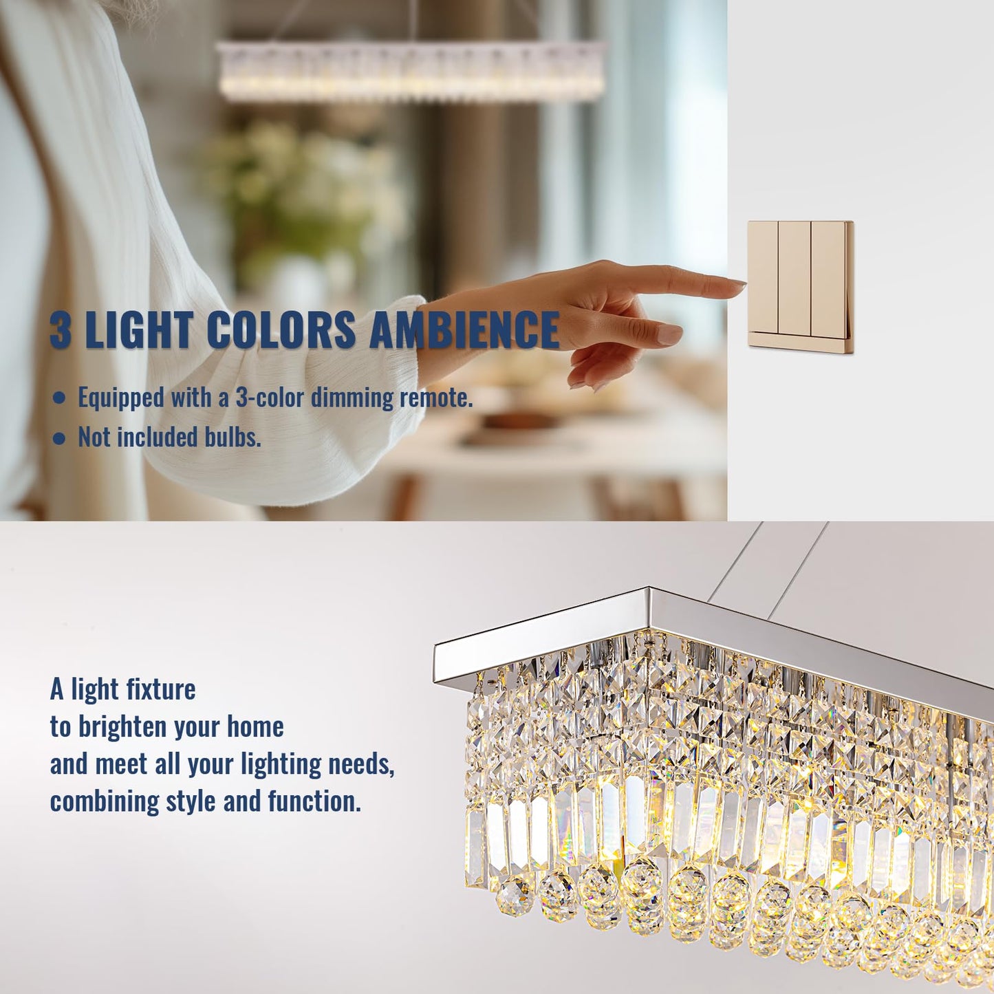 Tinkoso 59-inch Modern Crystal Chandelier,13-Light K9 Crystal Rectangle Chandelier for Dining Room,Kitchen Island Adjustable Hanging Pendant Light Fixture,Chrome Finish