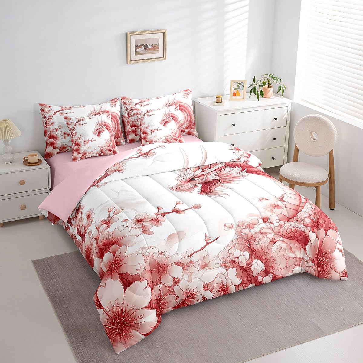 Erosebridal Fantasy Dragon Twin Comforter Set 7 Piece Magical Dragon Bed in A Bag Mysterious Wildlife Animal Bedding Set for Kids Boys Girls,Romantic Cherry Blossom Sheet Set with Comforter