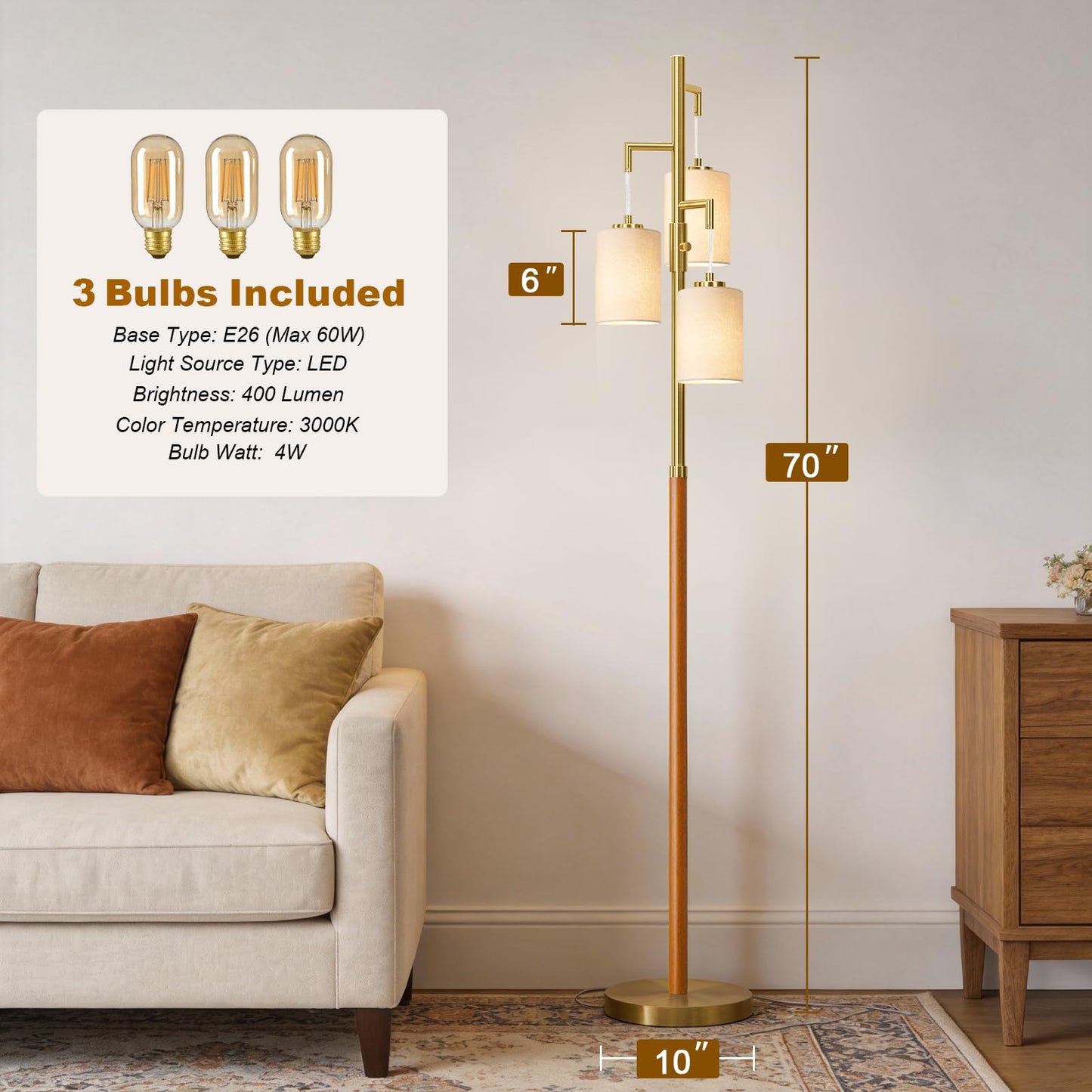 G-SAFAVA 70" Wood Floor Lamp Dimmable Floor Lamps for Living Room Bedroom Mid Century Modern Floor Lamp Gold Standing Lamp Tall Lamps for Office Nursery Reading Elegant Stand Up Lamp, 3 Bulbs Included
