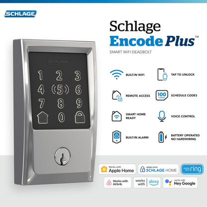 Schlage BE499WB CAM 619 Encode Plus WiFi Deadbolt Smart Lock, Keyless Entry Touchscreen Door Lock with Camelot Trim, Satin Nickel