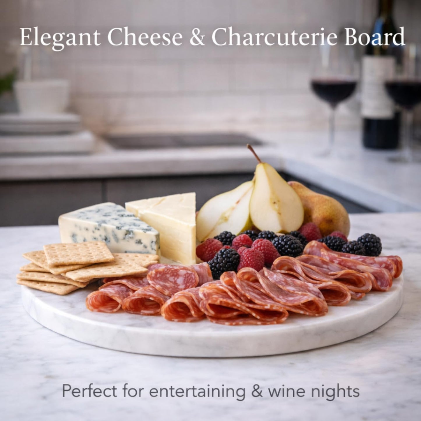 KC KULLICRAFT 11-Inch Round Marble Cheese Board – Solid White Natural Stone Cutting Board & Charcuterie Serving Tray with Non-Slip Feet, 0.5” Thick, Easy to Clean.