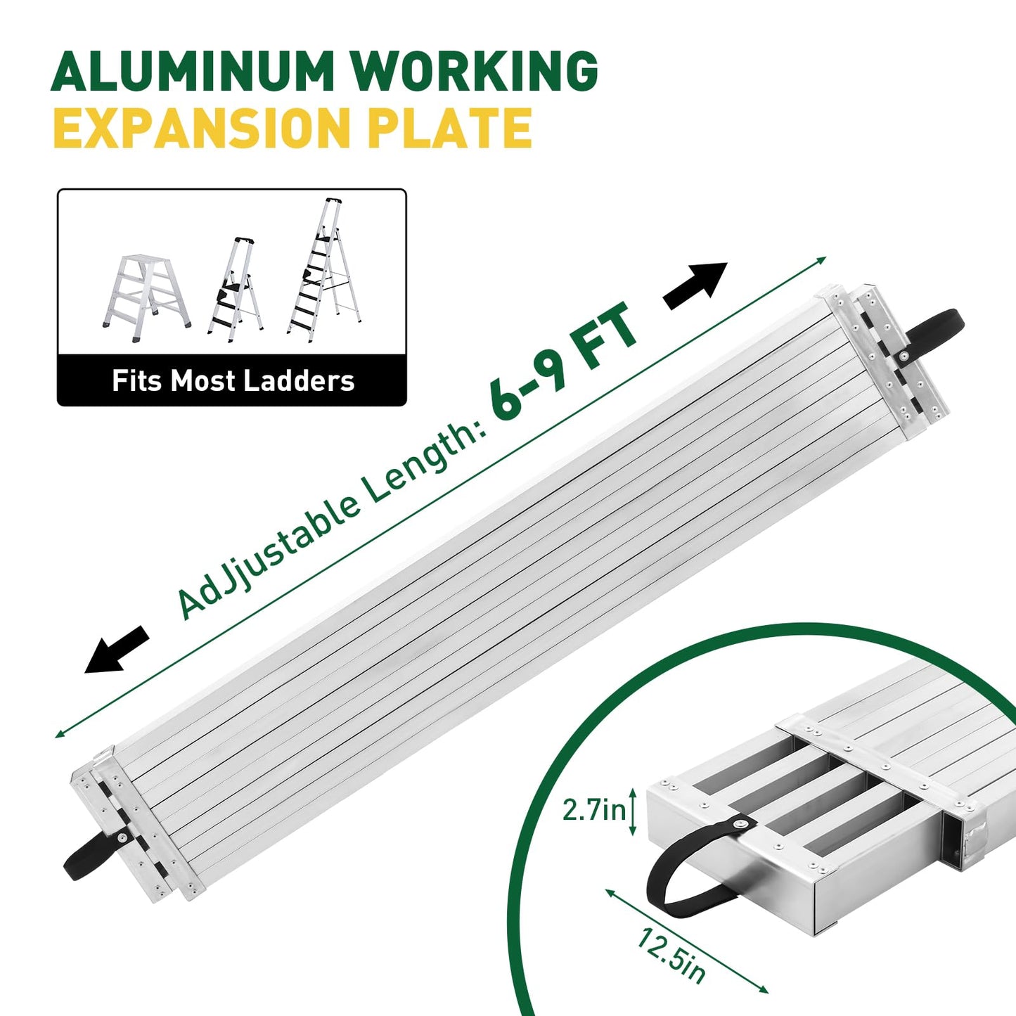 Aluminum Telescoping Plank, 6-9Ft Aluminum Work Platform, 440Lbs Capacity, 12.5 Inch Width, Scaffold Plank w/Skid-Proof Surface
