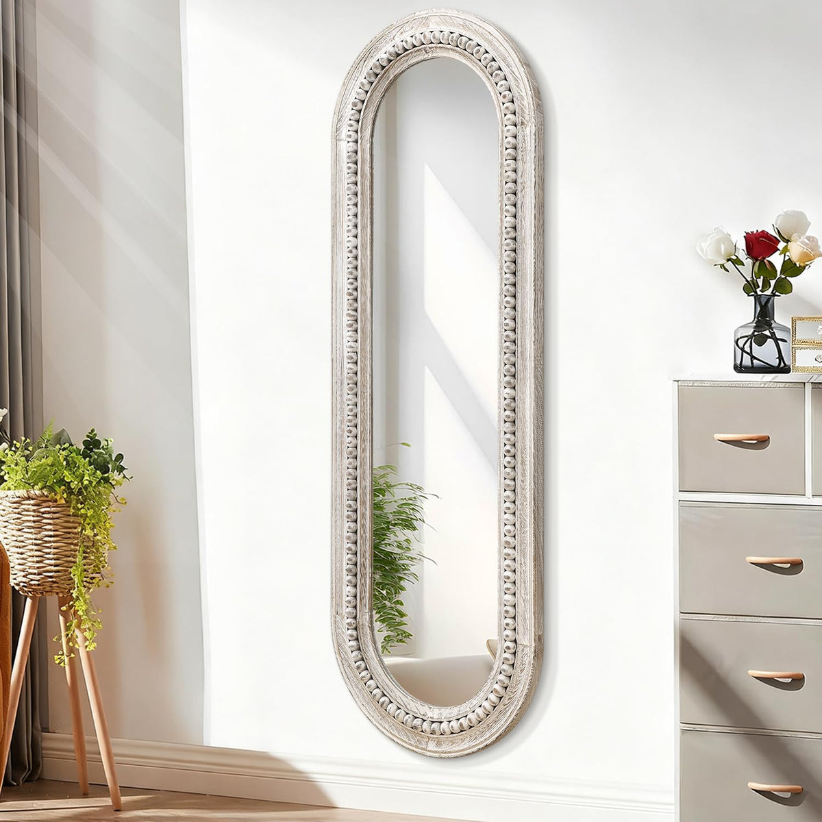 MWAZZLL Wall Mirror Full Length with Beaded Framed Oval Rustic Wood Mirrors Decrorative Large 47"x16" for Bedroom Bathroom Living Room Entryway Dressing Room White