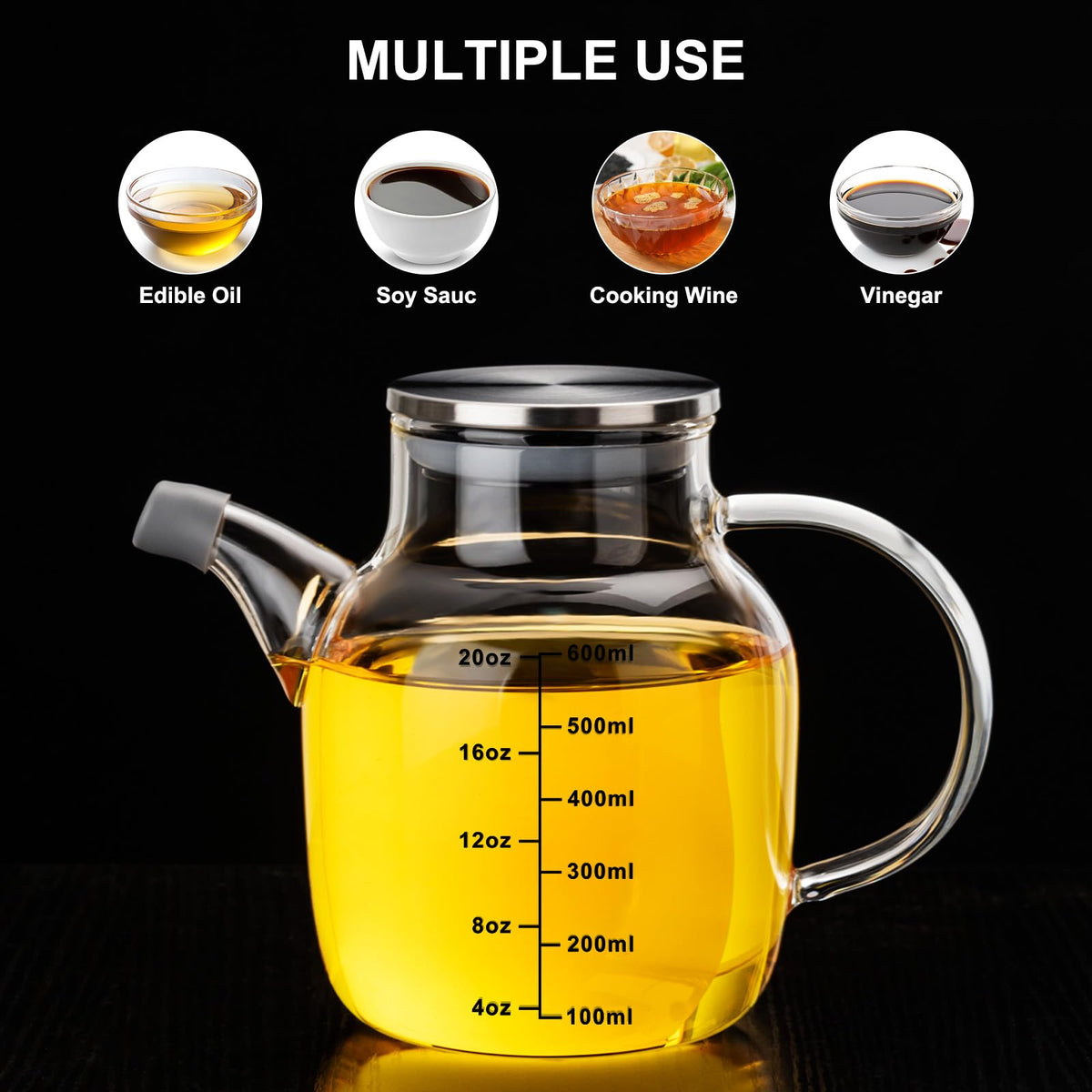 PARACITY Glass Oil Dispenser Bottle with Measurements, Oil Dispenser Bottle for Kitchen, 20.3 OZ Oil Container Kitchen for Olive/Vinegar/Cooking/Soy Sauce