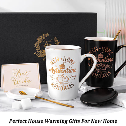 House Warming Gifts New Home - New Home Gift Ideas for Women Men Couple New Homeowners Neighbor Friend, Unique Housewarming Present with 14Oz Coffee Mugs, Spoons, Lids, Greeting Card, Elegant Boxed
