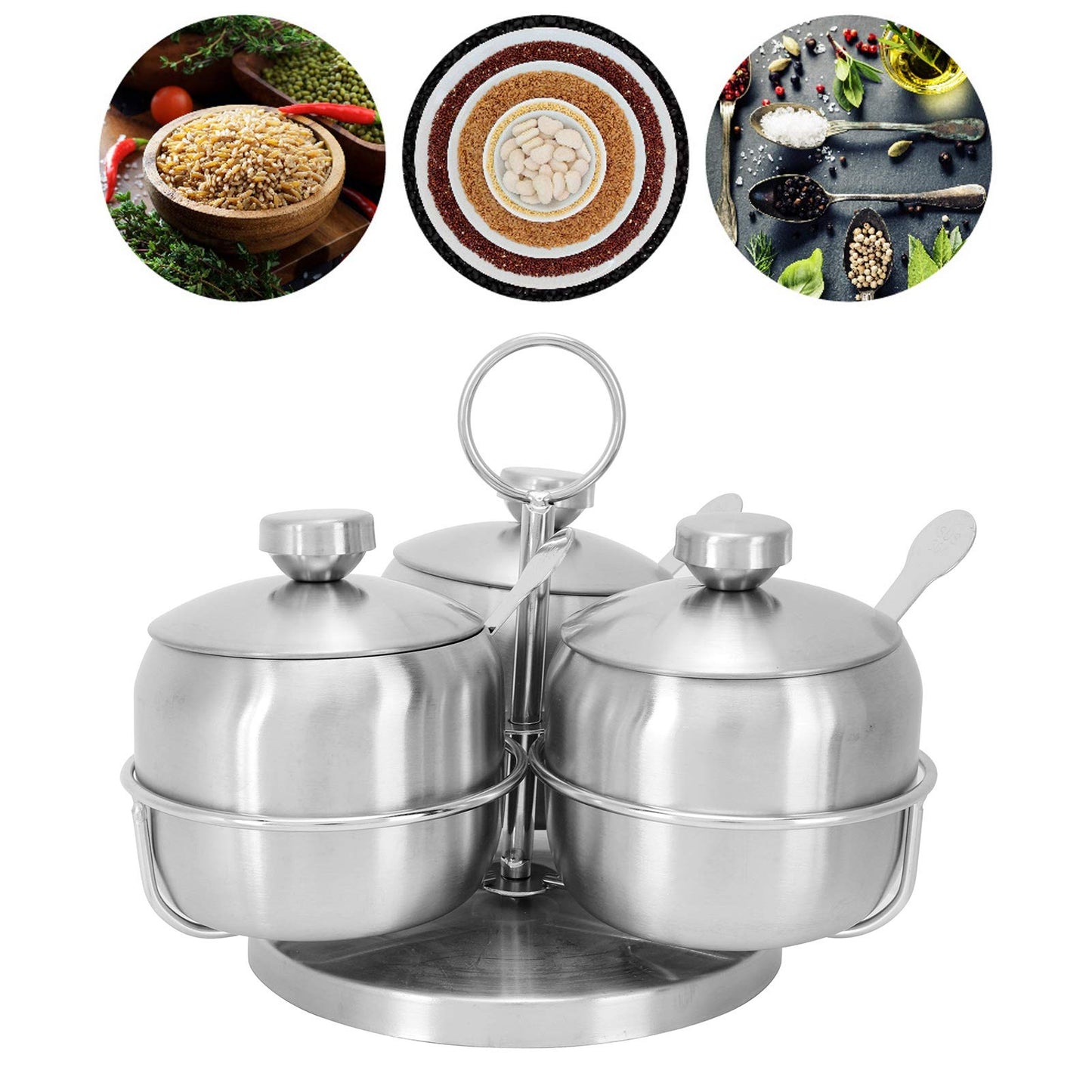 MOUMOUTEN Stainless Steel Sugar Bowl, 10Pack Seasoning Jar Spice Container, Rotating Condiment Spice Salt Sugar Jar Spice Rack Set with Lid Spoon