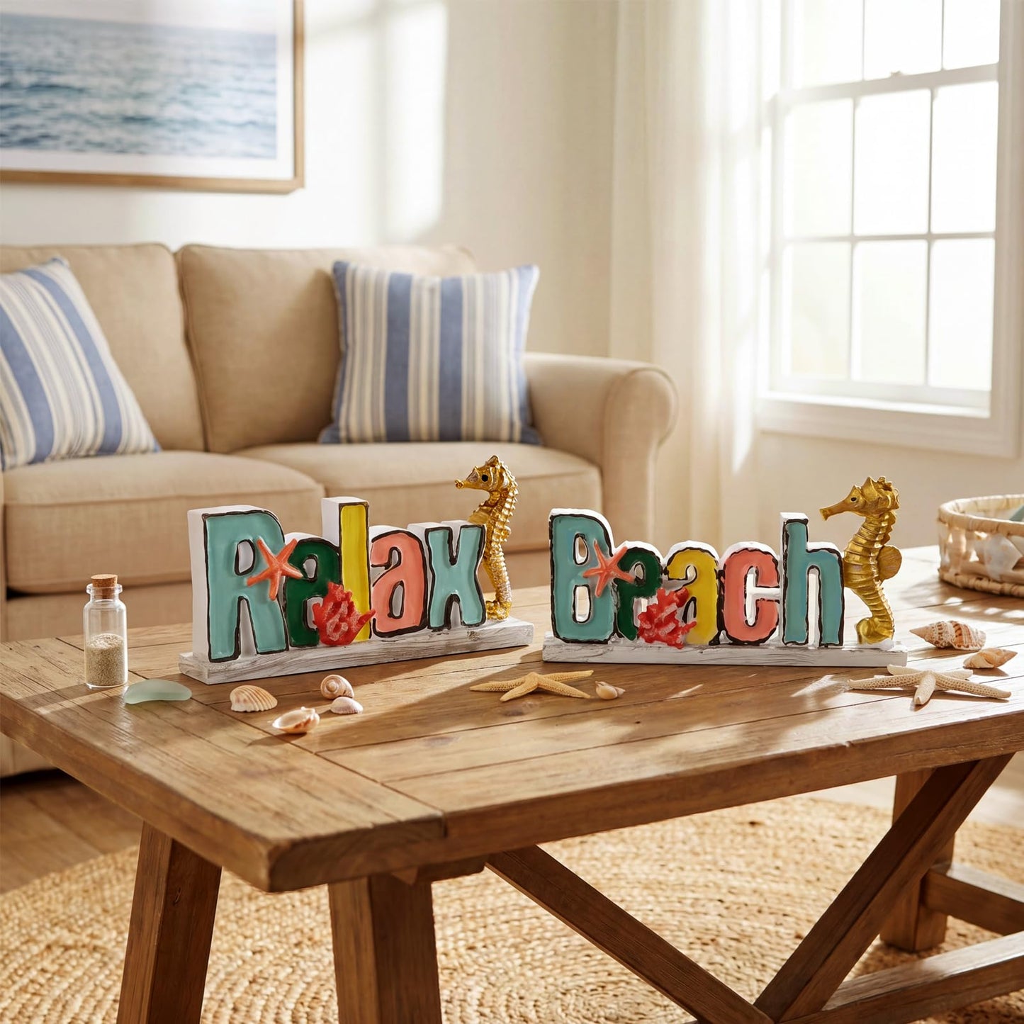 Novabright 2 Pcs Resin Beach Relax Sign, 3.9" Beach Decorations for Home with Seahorse Starfish Coastal Tabletop Figurines for Bathroom Desk Shelf Ocean Theme Home Decoration