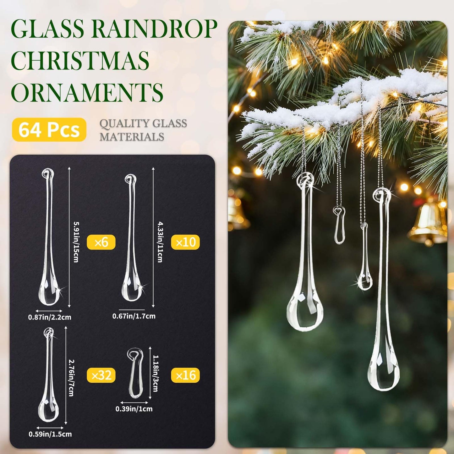 OuMuaMua 64 Pcs Glass Raindrop Christmas Ornaments Crystal Teardrop Hanging Ornaments Clear Chandelier Drop Pendant Decorations for Christmas Tree Winter New Year Party Supplies Home Decor