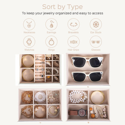 Dajasan Large Jewelry Box Organizer, Jewelry Storage Organizer with 3 Drawers, Huge Jewelry Box with Mirror for Women Girls, Double Door, Textured PU Leather, Gift Idea, Stylish (White + Gold)