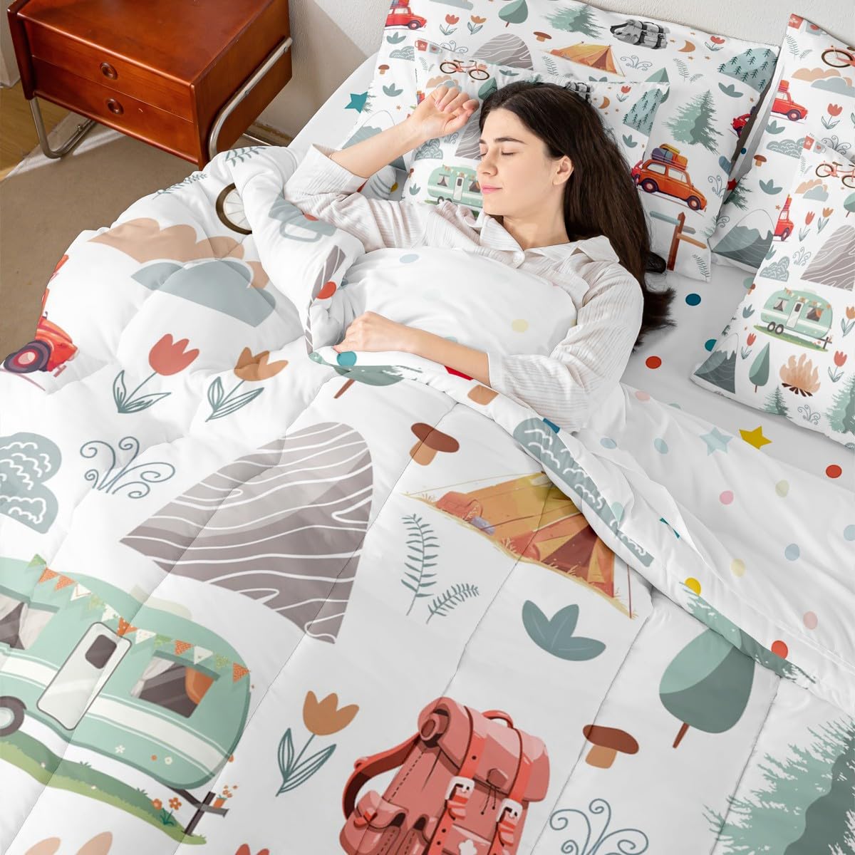Erosebridal Kids Camper Theme 7 Pcs Comforter Set Twin Bed in a Bag,Happy Camping Bedding Set,Travel Car Rv Accessories Down Comforter,Botanical Flowers Mountain Adventure Quilt,Cute Camper Sheets