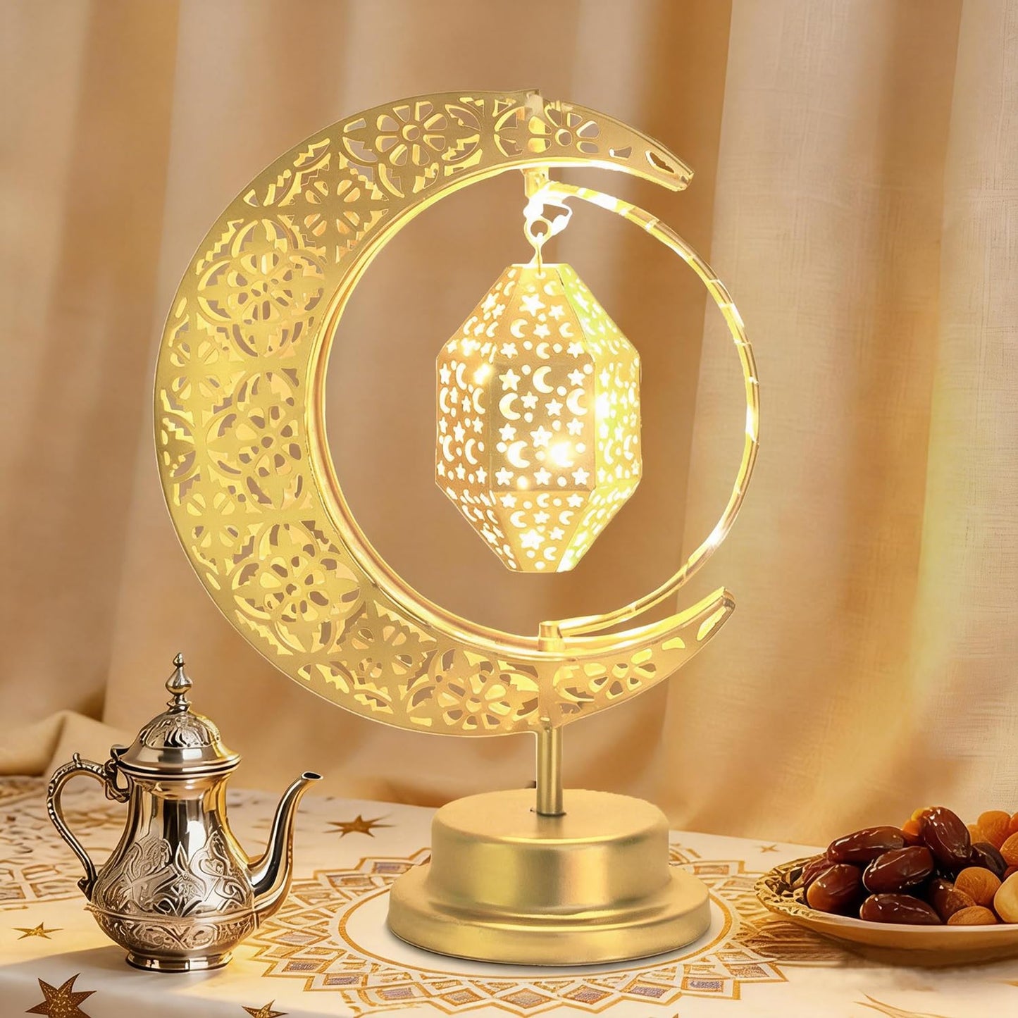 Lifnatty Ramadan Moon Lamp Decorations, Crescent Moon with Ramadan Lantern, Rotating Ramadan Table Lamp, Ramadan Decorations for Home, Eid Mubarak Decorations, Battery Operated Metal Eid Gifts