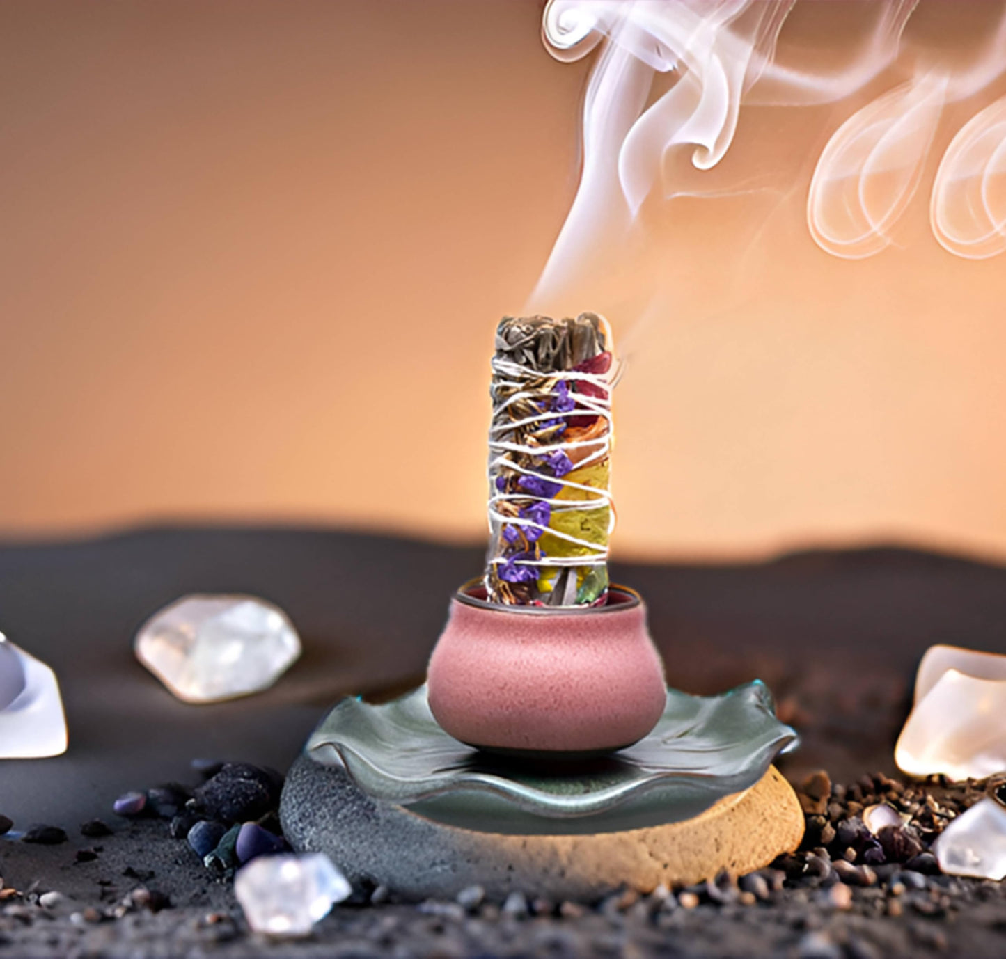 KR. LIF 3-in-1 Ceramic Incense Holder for Sage Sticks Incense Burner - Palo Santo Holder Set with Tray and Incense Burners
