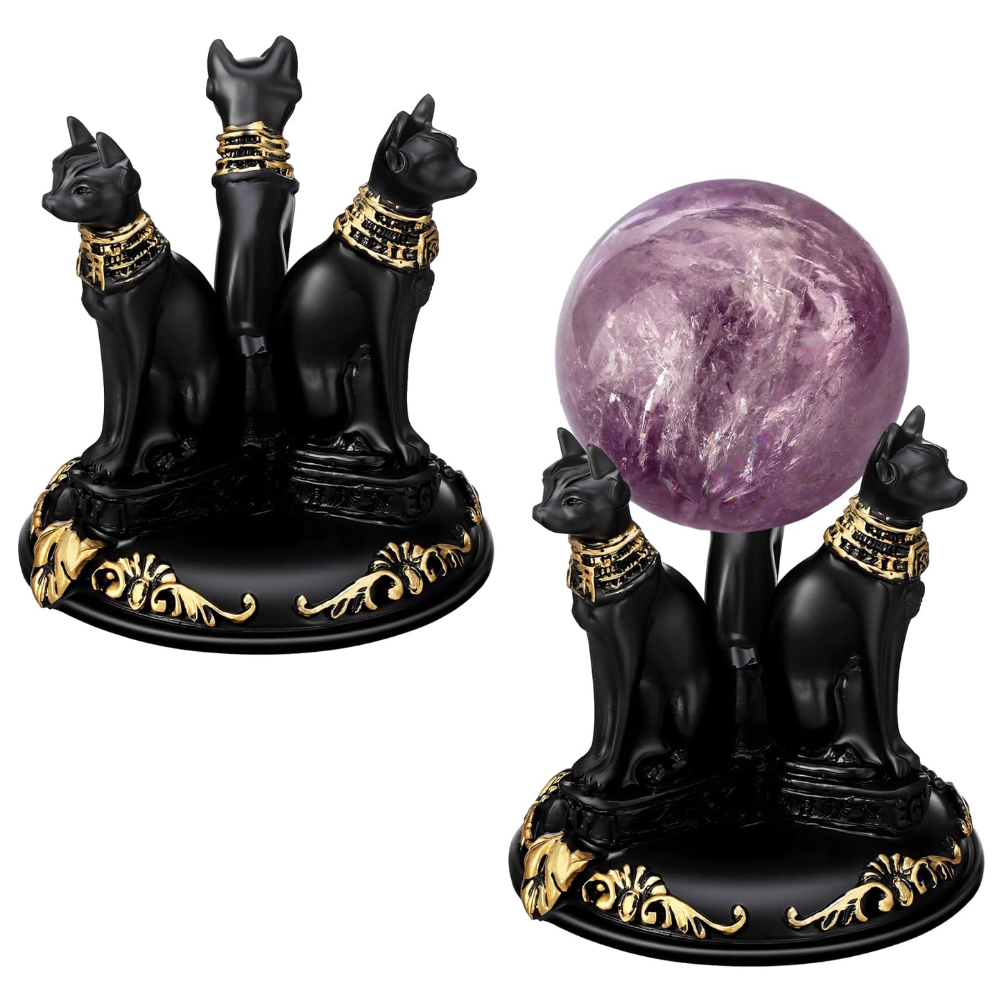 Geelin 2 Pcs Bastet Cat Sphere Stand Egyptian Cats Crystal Sphere Holder Black Ball Display Base Resin Figurines Statue Home Decoration for 50-55mm Spheres