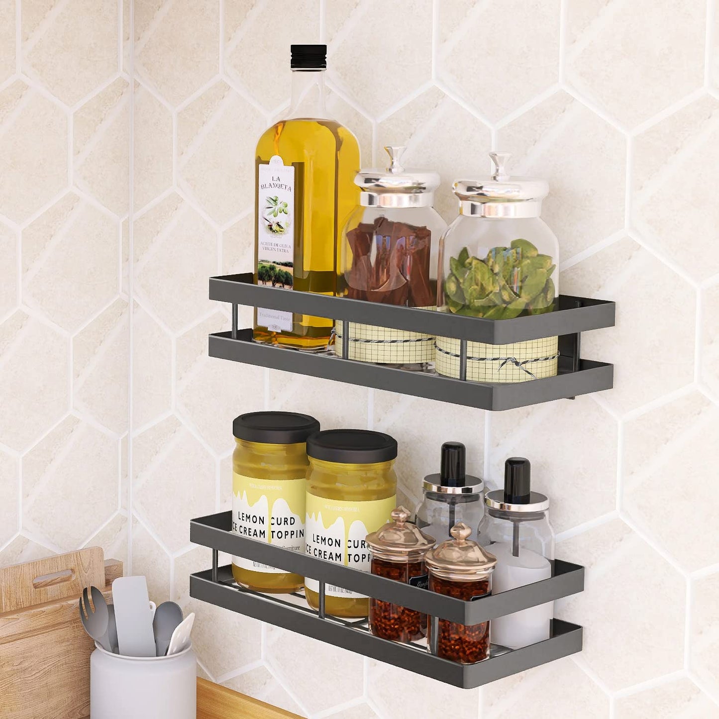 PINNIYOU Spice Rack Organizer Wall Mount, 14" Hanging Black Spice Organizer Shelf, 2 Pack Farmhouse Seasoning Organizer, Spice Shelves Holder for Kitchen, Flexible Bathroom Organizer