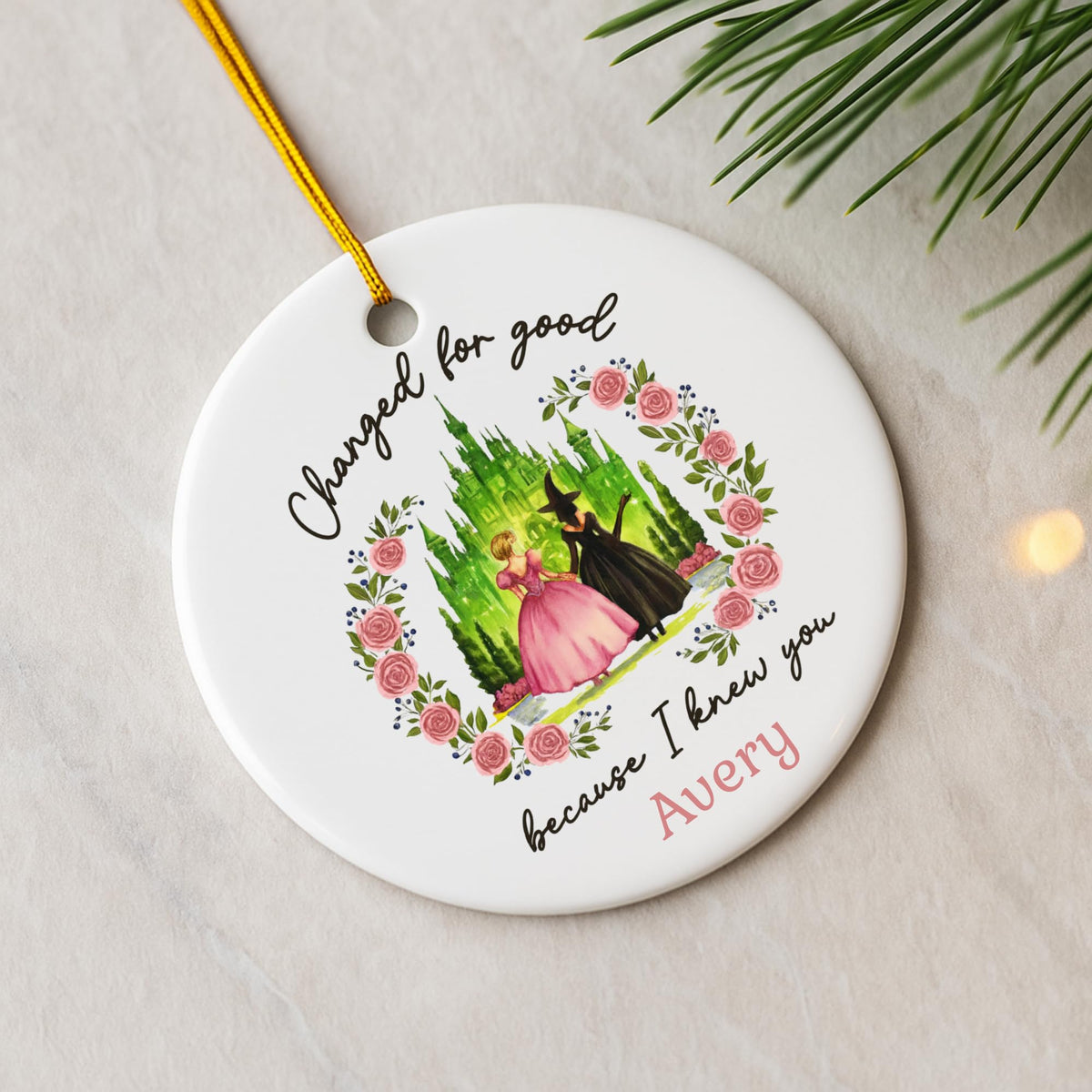 Wicked Christmas Glass Ornament, Elphaba Glinda Ornament, Change for Good, Friendship Broadway Wicked Musical (Ceramic 2 Side, 1)