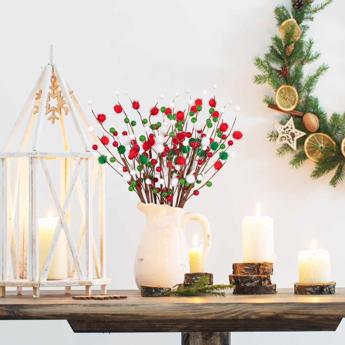 12PCS Christmas Tree Decorations Red Green Picks Berry Stems Xmas Ornaments Floral Pick with Beads Balls for Tree Topper Vase Home Table Decor