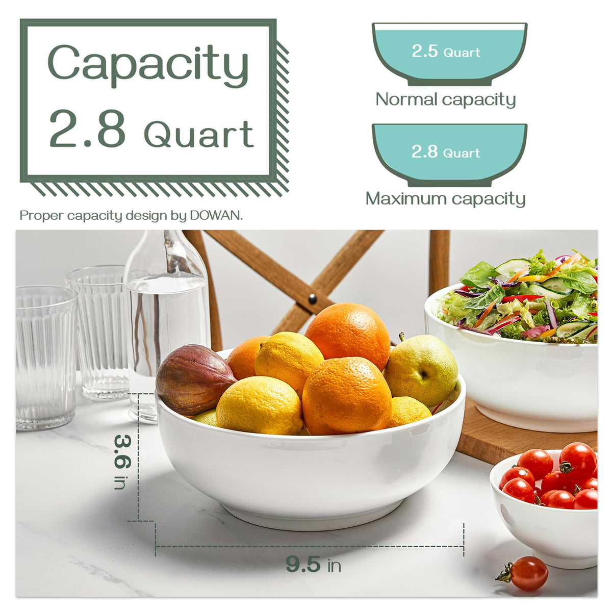 DOWAN Serving Bowls, 90 OZ(9.5") Large Salad Bowls for Entertaining, Side Dishes, Pho, Pasta, Centerpiece Bowls for Dinner Parties, Kitchen Decor, Microwave & Dishwasher Safe, White