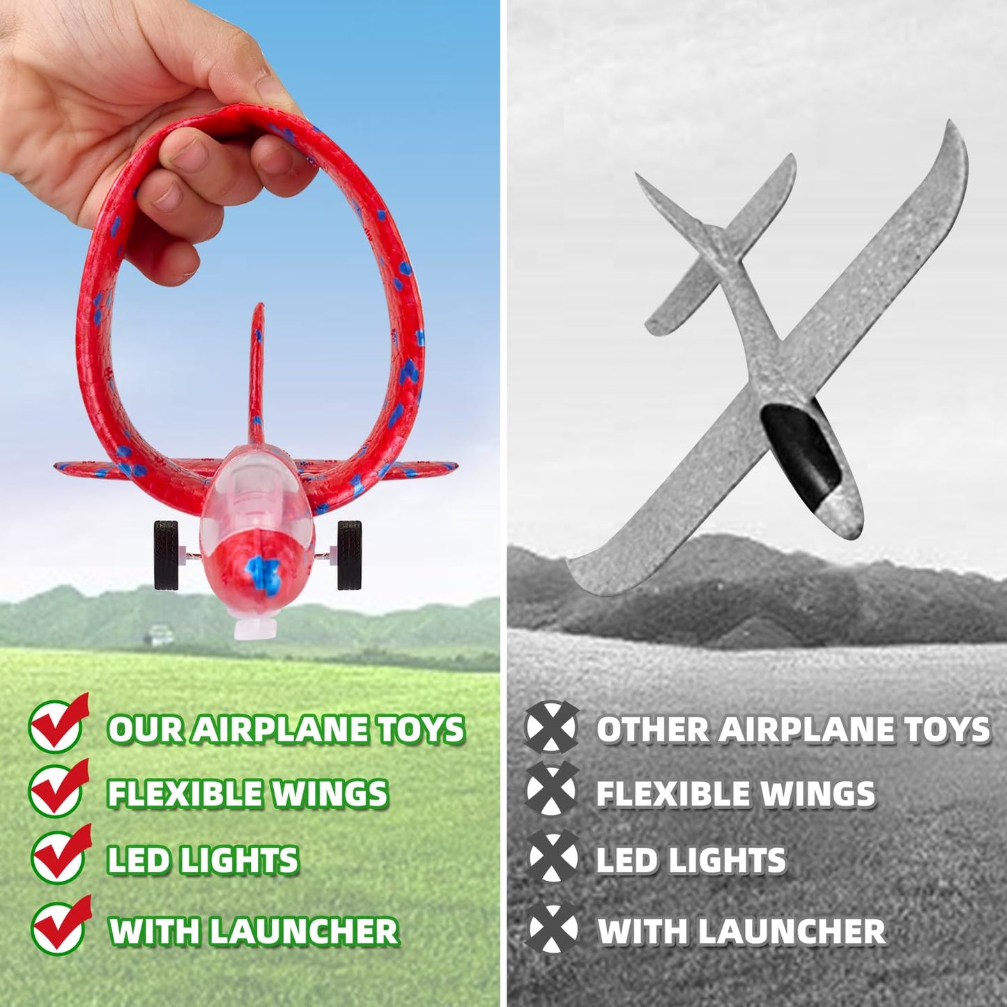 Neoot Toy Airplane, 3 Pack Airplane Launcher Toy 2 Flight Mode Glider LED Foam Glider Plane Outdoor Toys for Kids Ages 3 4 5 6 7 8 9 10 11 12 Year Old Boys Birthday Gift, Educational Flying Kids Toys