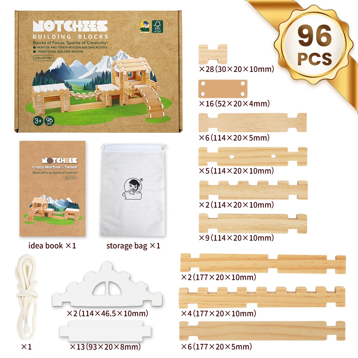 Jovi-mindly＆Notchies 96 PCS Wooden Blocks Wooden Toys with Storage Bag, Preschool Learning Toys Wood Blocks Building for Kids Ages 4-8 Creative Construction Game,FSC Certified,Birthday Toys Gifts