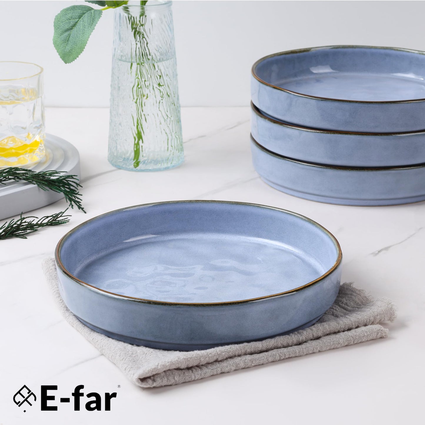 E-far Pasta Bowls Set of 4, 30oz Shallow Salad Bowls for Dinner Serving, 8.25" Stoneware Ceramic Bowl Plates for Noodle Soup, Microwave & Dishwasher Safe, Reactive Glaze, Blue