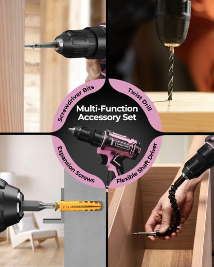 FAHEFANA Cordless Drill Set Pink, 12V Lightweight Electric Screwdriver Driver, Electric Power Drill with Battery & Charger, 3/8" Keyless Chuck, 42 Pcs Accessories, Tool Kit for Home DIY