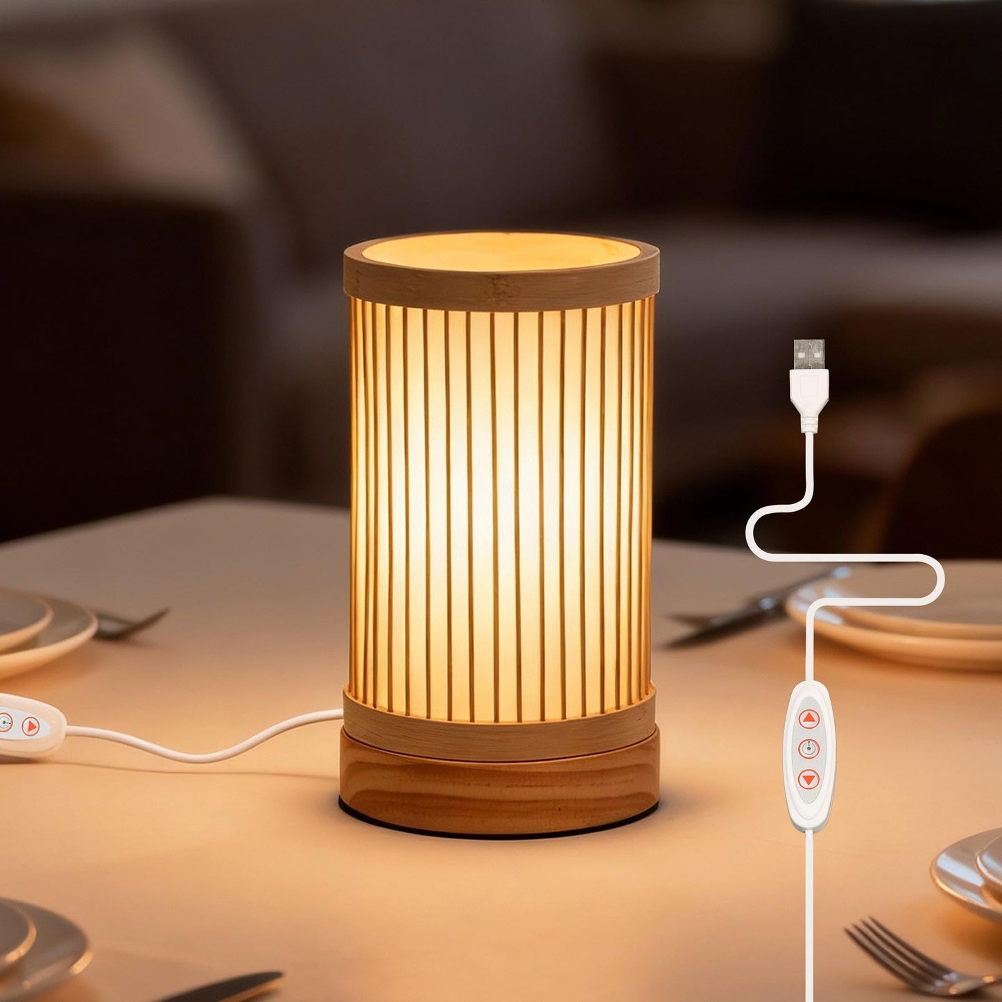 LUSHARBOR Bamboo Table Lamp, Small Boho Rattan Lamp Decorative with Dimmable Light, Woven Bedside Lamp for Bedroom, Cozy Nightstand Desk Lamps for Cafe/Entryway/Tabletop/Shelf Decor