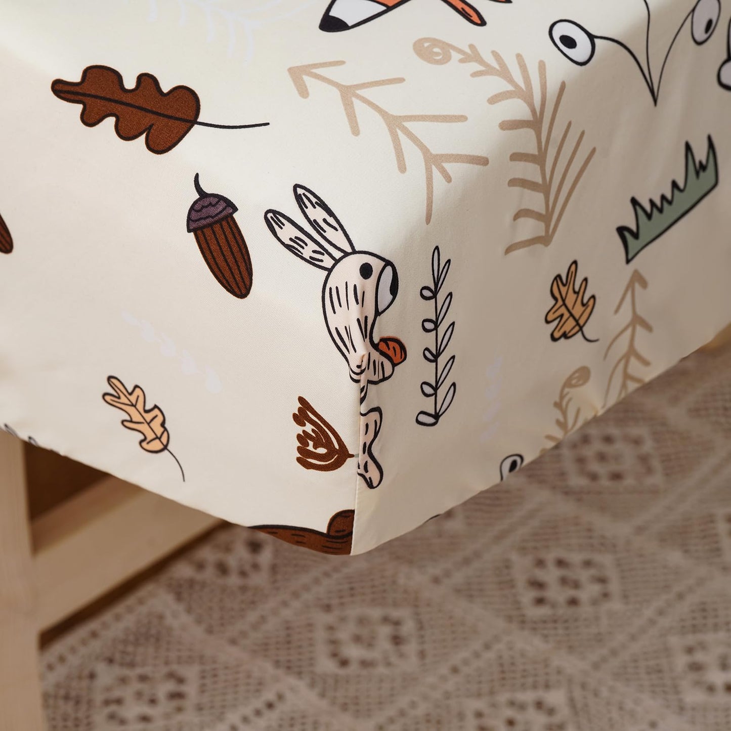 KAREVER Cartoon Toddler Bedding Set Bear Fox 4 Pieces Crib Bed Set Kids Cream Yellow Animal Print Comforter Set