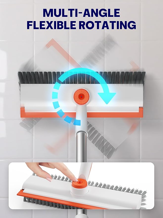 Floor Scrub Brush with Long Handle, 3 in 1 Scrape and Heavy-Duty Stiff Bristle