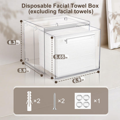 TAINESS Disposable Facial Towels Storage Box - Acrylic Container Compatible With Clean Skin Club Clean Towel XL - Wall-Mounted Makeup Organizer With Drawer Valentine's Day Gifts