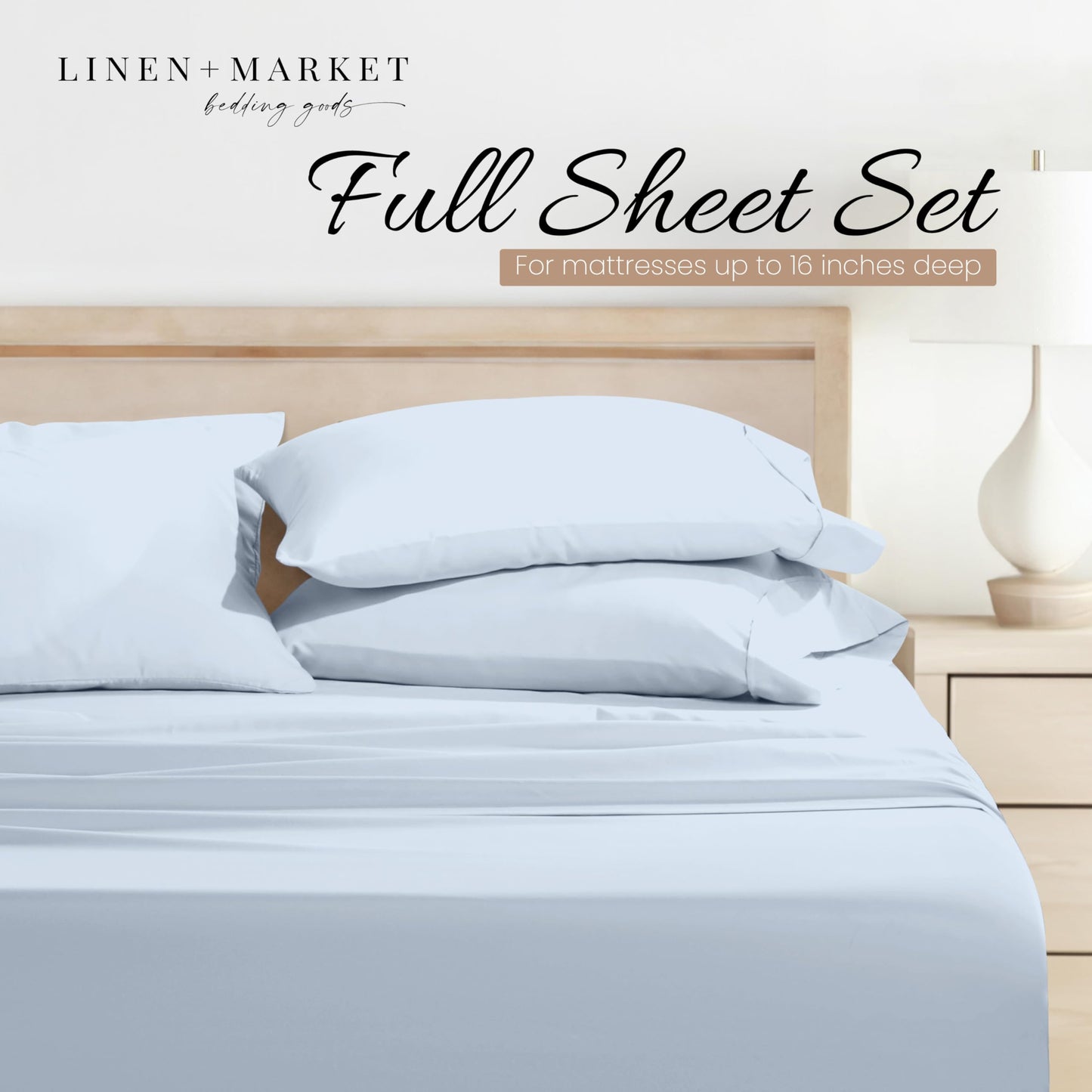 Linen Market Brushed Microfiber Full Sheet Set 4 Piece – Oeko-TEX Certified Ultra Soft & Wrinkle-Free - 16" Deep Pocket Sheets - Easy Care Full Size - Light Blue