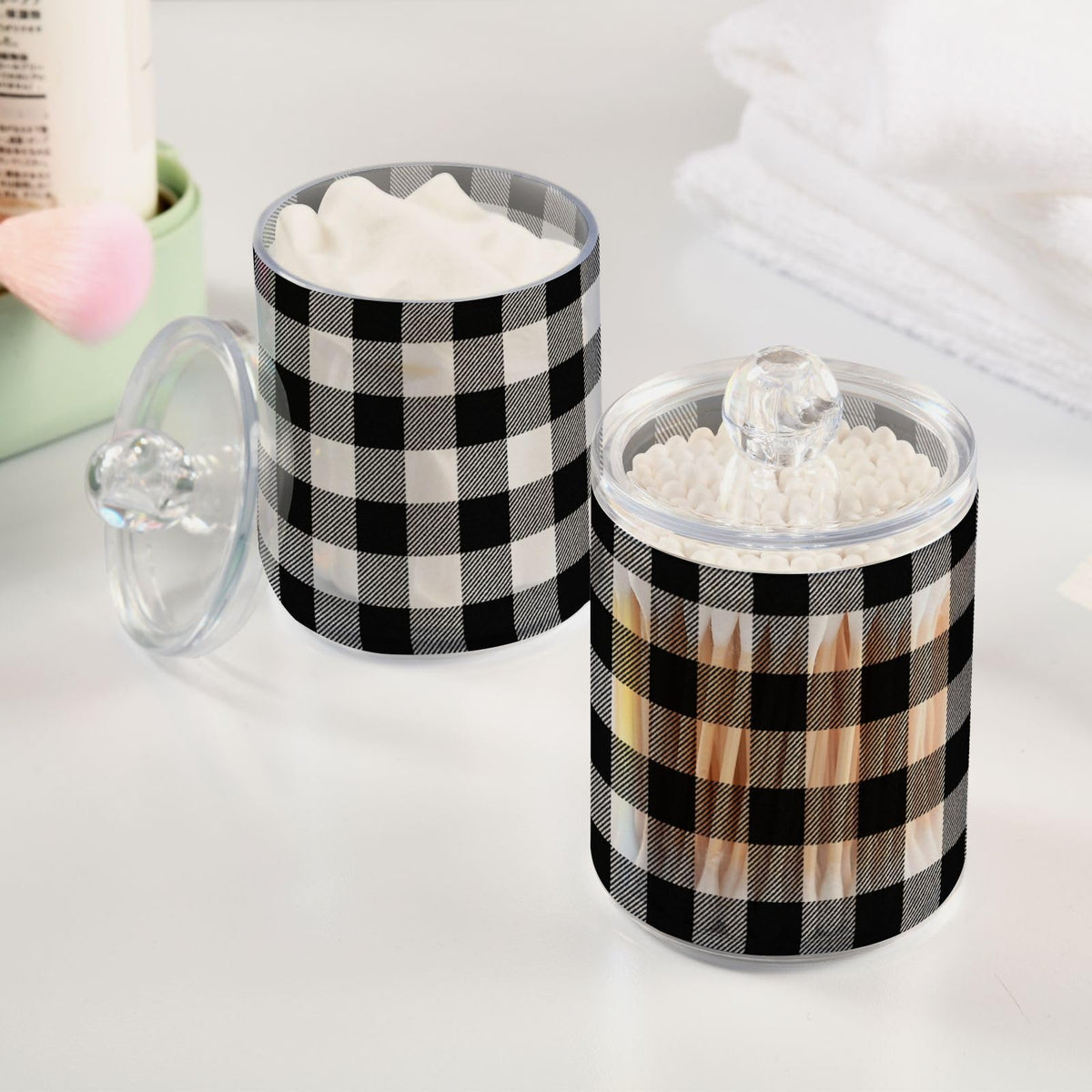 Gravopti Black and White Buffalo Plaid 14oz Storage Jars with Lids, Clear Plastic Airtight Kitchen Food Canisters for Candy, Salt, Coffee Beans, 2 Pack