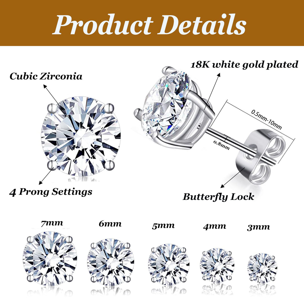 Gemsme Princess Cut Cubic Zirconia Stud Earrings for Women/Men - 5 Pairs 18K Gold Plated Hypoallergenic 3-7mm Round Clear CZ Earring Set - White Gold