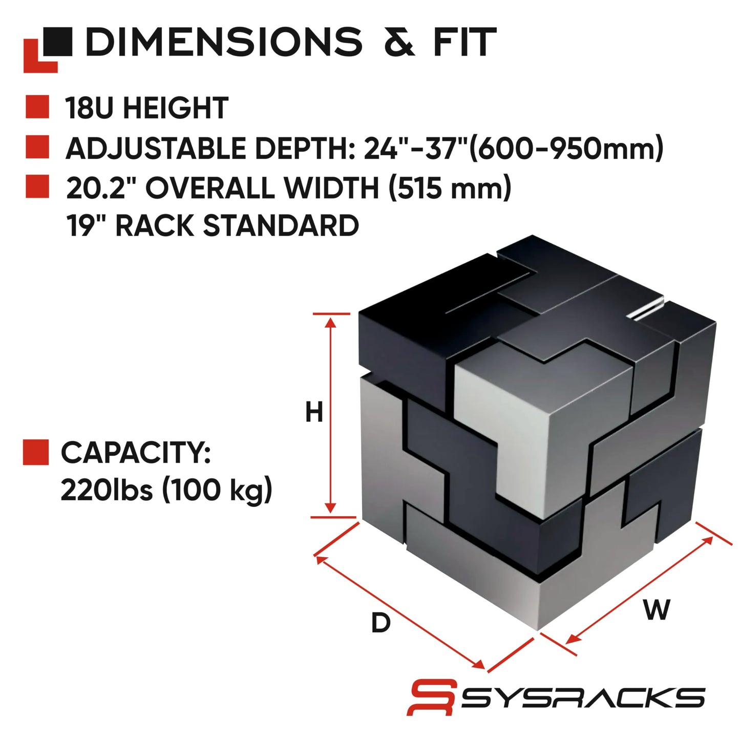 Sysracks 18U 4 Post Open Frame 19 inch Network Server Rack Relay Cabinet Adjustable Depth 24"-37"
