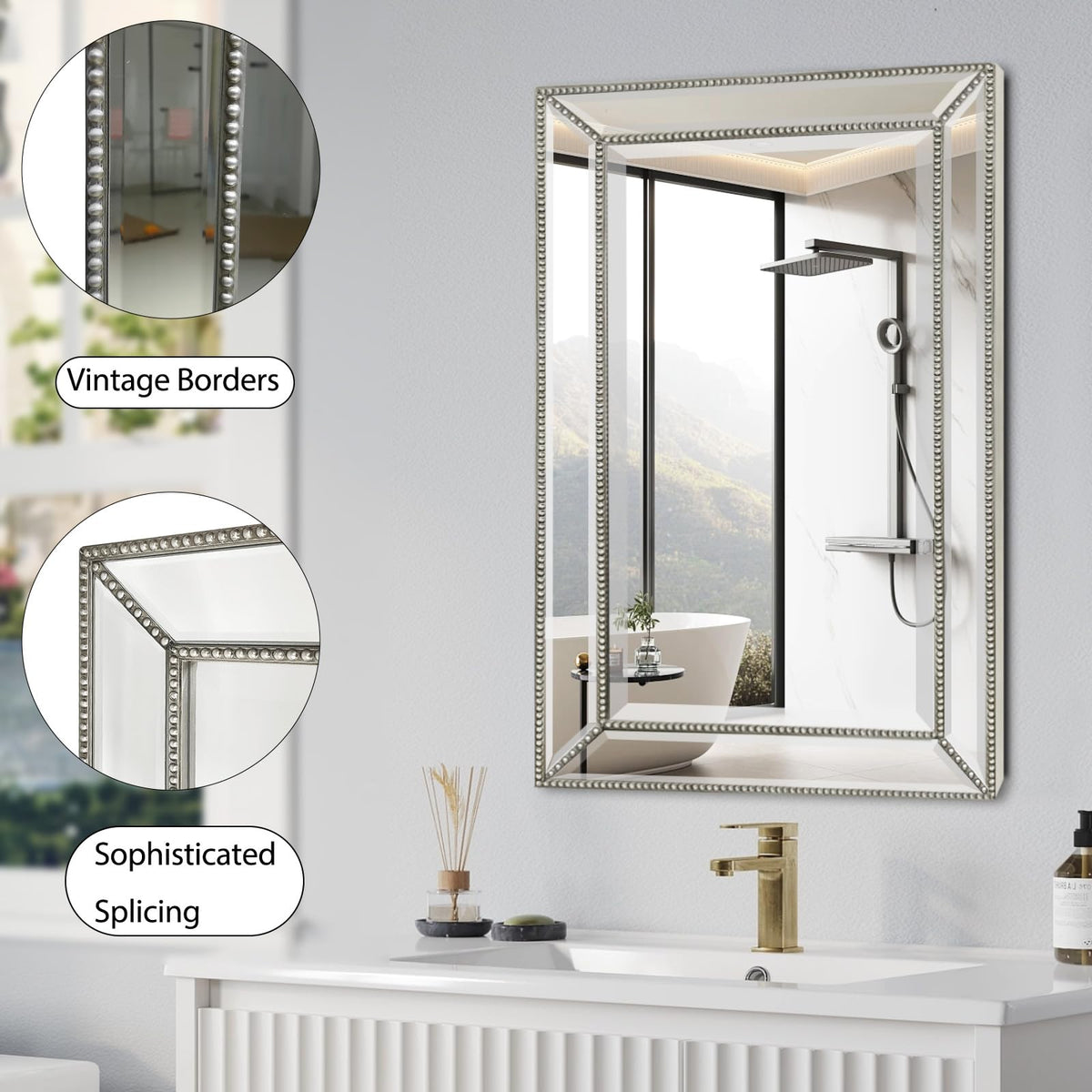 FOMAYKO 24"x36" Retro Beaded Medicine Cabinet with Beveled Mirror - Wooden Frame, Recessed & Surface Mount Bathroom Storage Cabinet