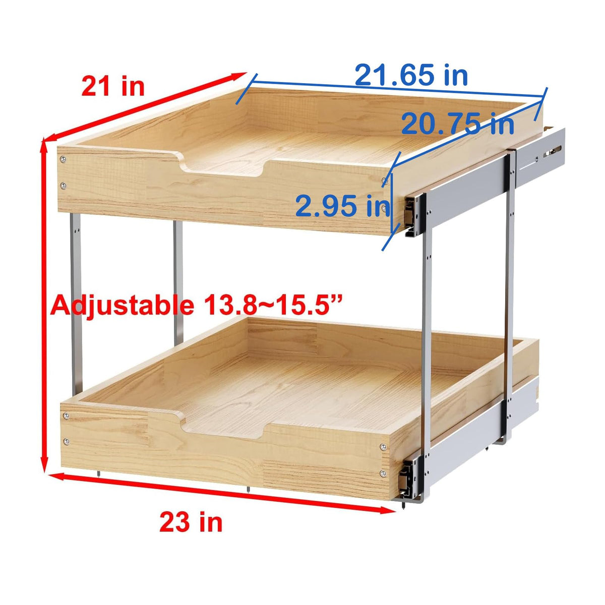 Sikarou Wood Pull Out Cabinet Organizer 2 Tie 23" W x 21" D, Heavy-Duty Sliding Drawers for Inside Cabinets Storage and Organization for Kitchen, Pantry, Bathroom