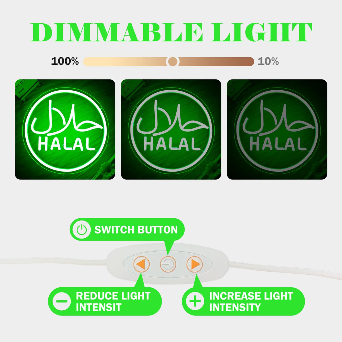 Halal Neon Signs for Wall Decor Dimmable Led Green Restaurant Neon Light Signs for Beef Chicken Candy Snack,Halal Hanging Door Sign Light