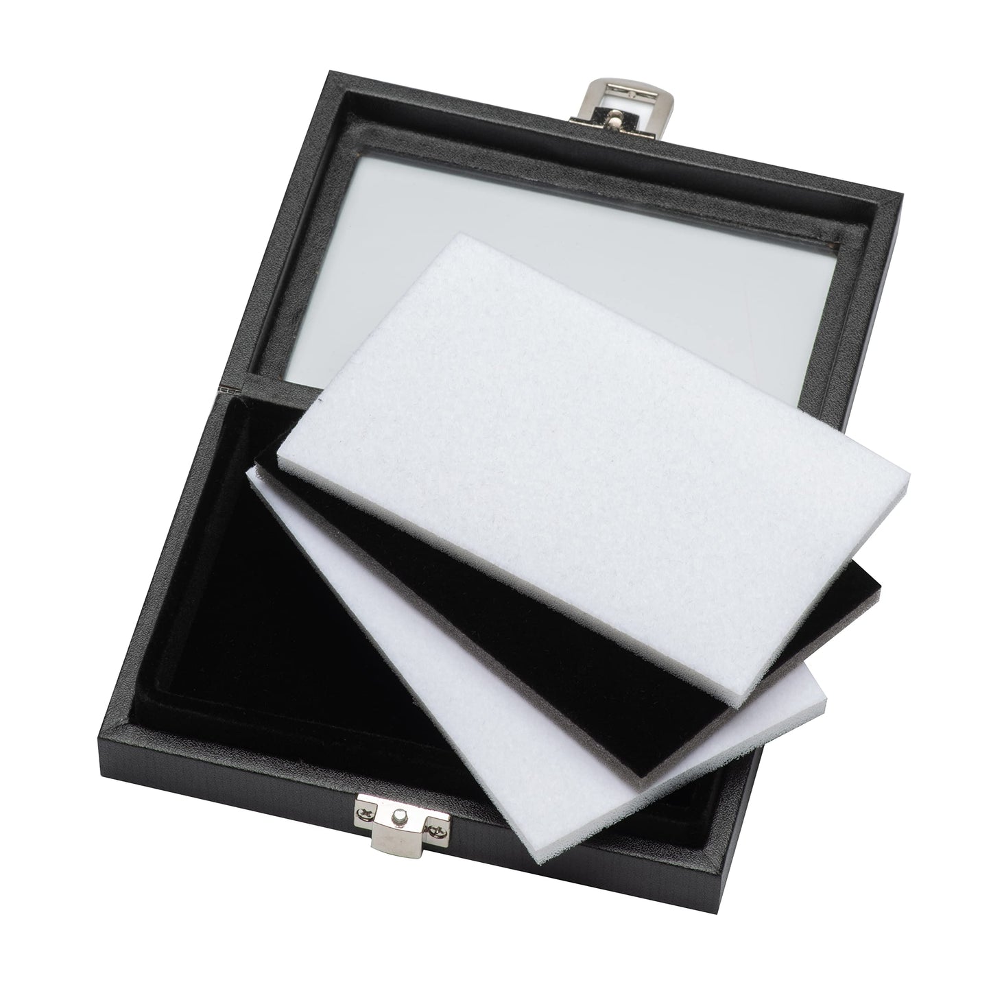 Giftop Jewelry Display Case Tempered Glass Top Lid Black Leatherette,Gemstone Display Case Jewelry Storage Box with Metal Clasp (Small)
