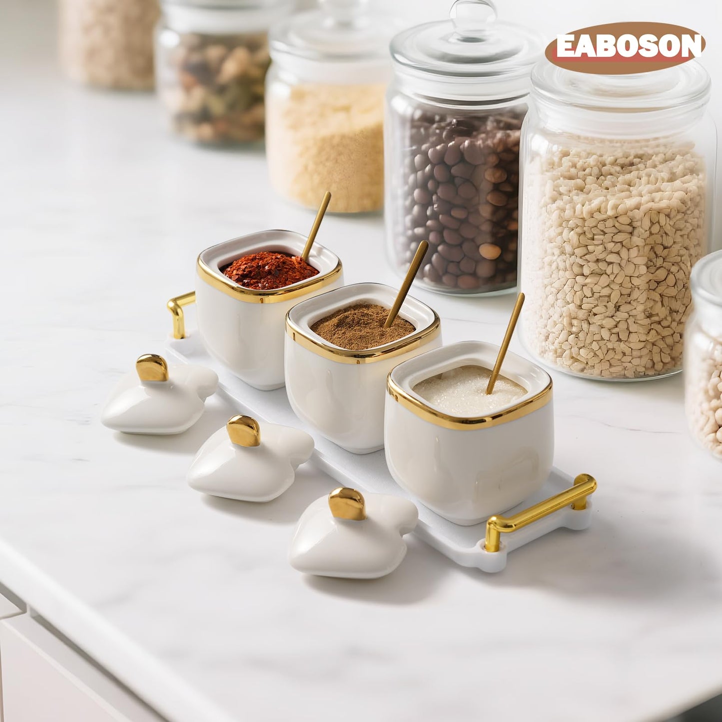 EABOSON 3 Pack Gold Condiment Spice Jars with Lids, Spoons, Tray - Ceramic Seasoning Box Set for Salt, Pepper, Sugar - Kitchen Storage