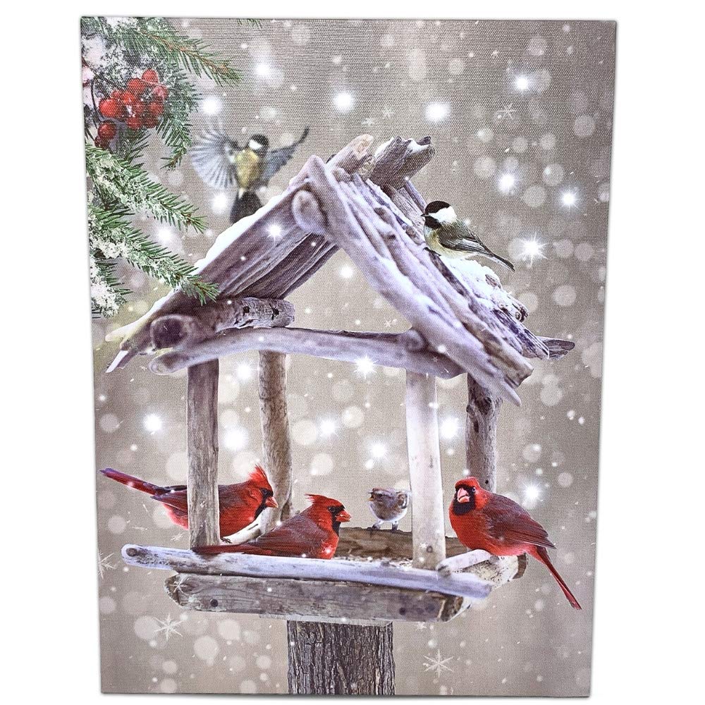 BANBERRY DESIGNS Lighted Cardinals Canvas Print with Rustic Bird Feeder - Berries Snowy LED Winter Scene - 20 Fiber Optic Lights - Wall Art - Measures 15.75" x 11.75"