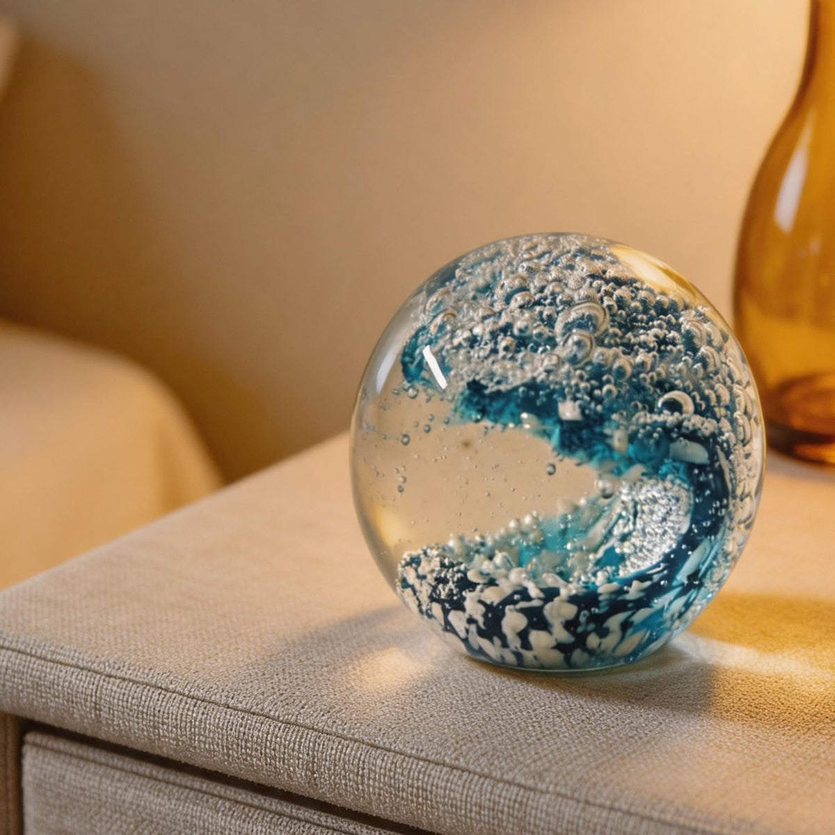 KWASVLYA Hand Blown Ocean Wave Crystal Ball Blue Crystal Art Decorative Sphere Paperweight for Desk Decor, Stress Relief Gift for Ocean Lovers & Women