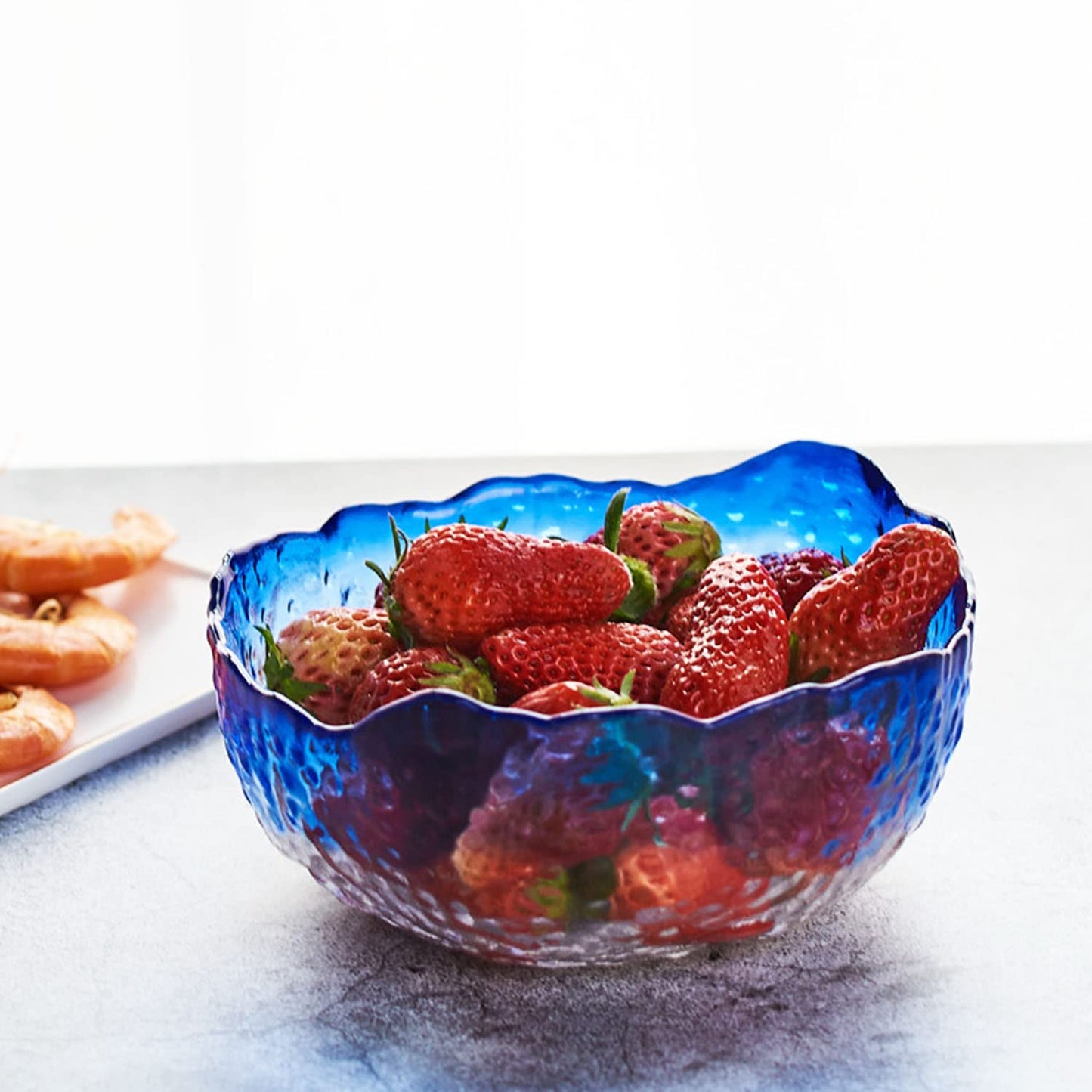 Halyuhn 8 Inch Blue Clear Glass Salad Bowl, 50 OZ Irregular Mixing Bowl with 3 Inch Wall, Decorative Hammered Round Serving Bowl with Wavy Edge for Fruit, Candy Dish, Dining Party, L