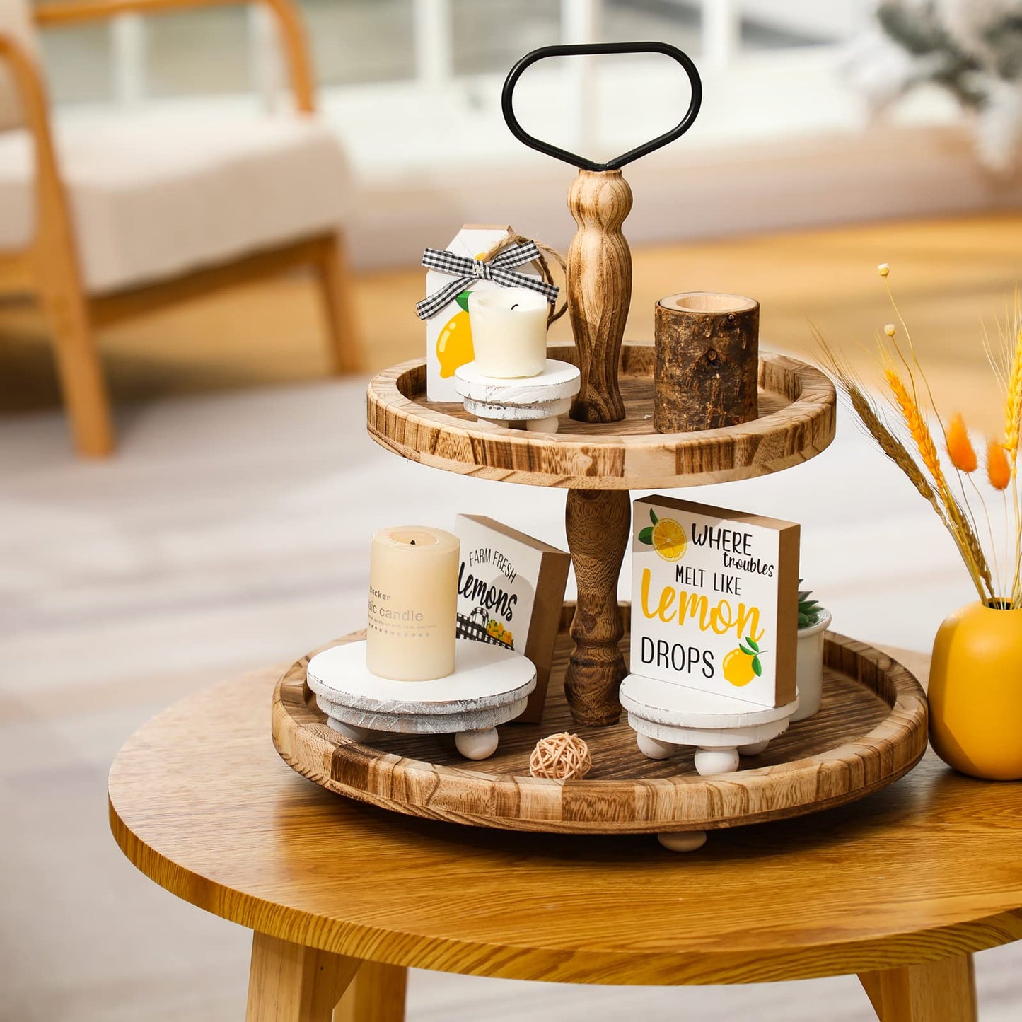 Amyhill 3 Pcs 5/4/3 Inch Mini Wooden Risers for Decor Small Round Pedestal Stand, Washed White Farmhouse Wood Riser with Ball Feet for Tiered Tray, Candles, Plants, Home Kitchen Decor