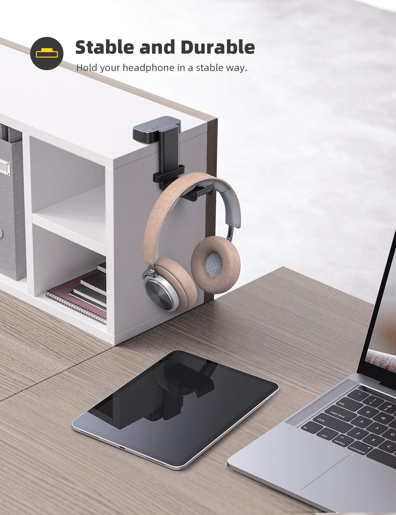 Lamicall Headphone Stand, Sticky Headset Hanger - 360 Degree Rotation Earphone Adhesive Hook Holder Mount, Table Headphone Stand with Cable Organizer, Headset Clamp for HyperX, Sennheiser -White