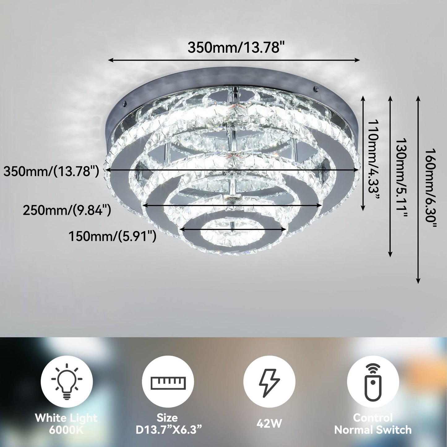 YPQXYHDA Modern Crystal Chandelier LED 3 Tier Crystal Ceiling Lights Flush Mount Round Chandeliers for Bedrooms Dining Room Living Room,Dia 13.8",Cool White,42 W